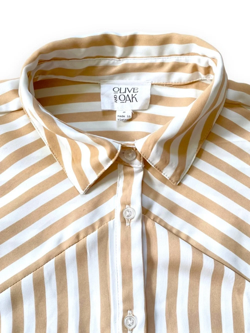 Olive & Oak Tan White Striped Button Down Blouse Womens Small Long Sleeve - Picture 5 of 12